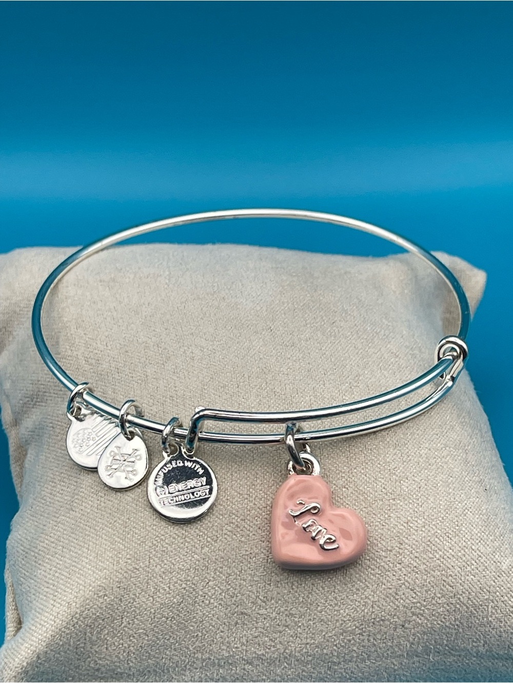Alex and Ani Silver Bangle Bracelet with Pink Heart 'Love' Charm